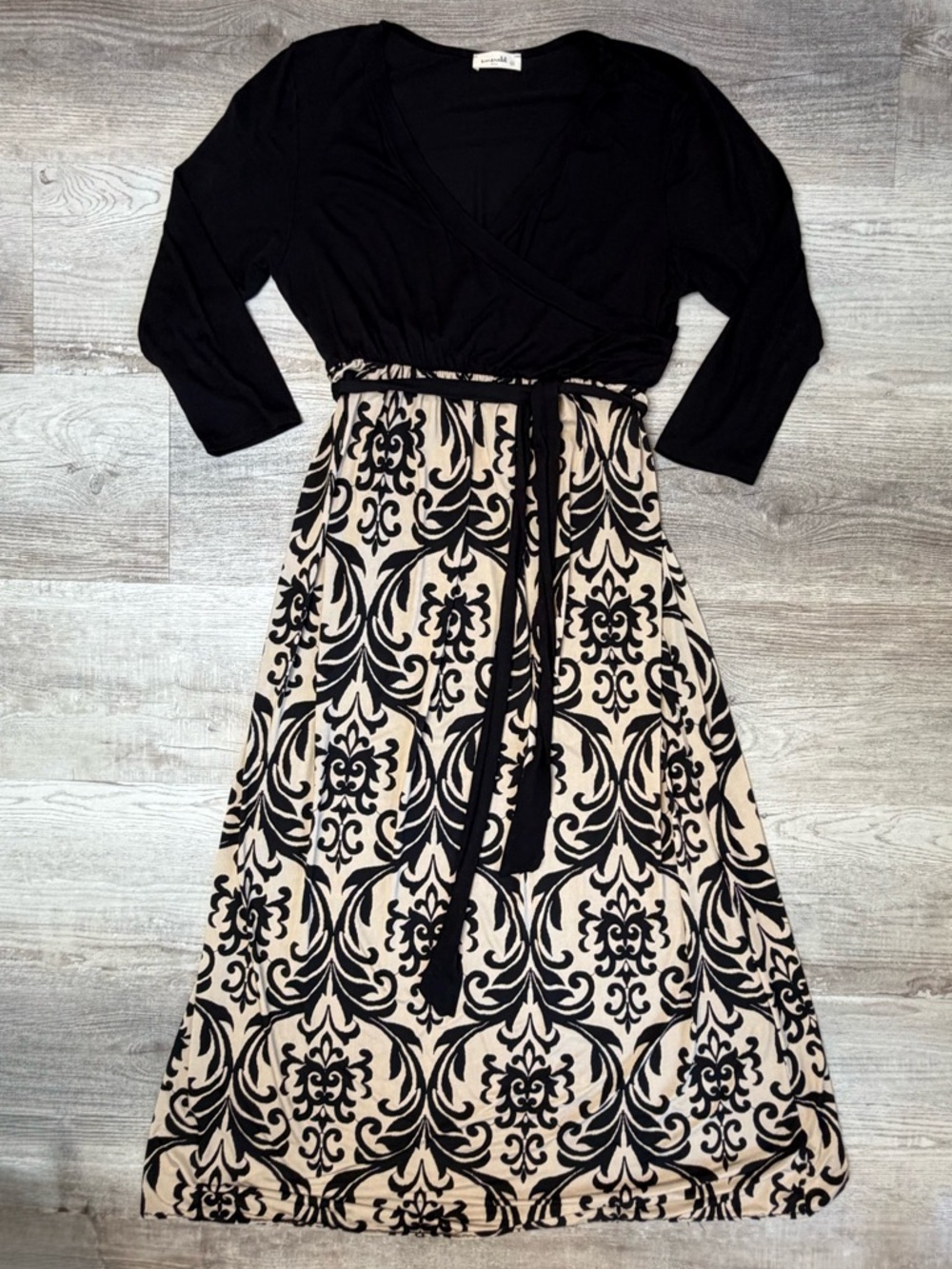 Emerald Black & Cream/ Tan Damask Wrap Maxi Dress 3/4 Sleeves Women’s size 2X